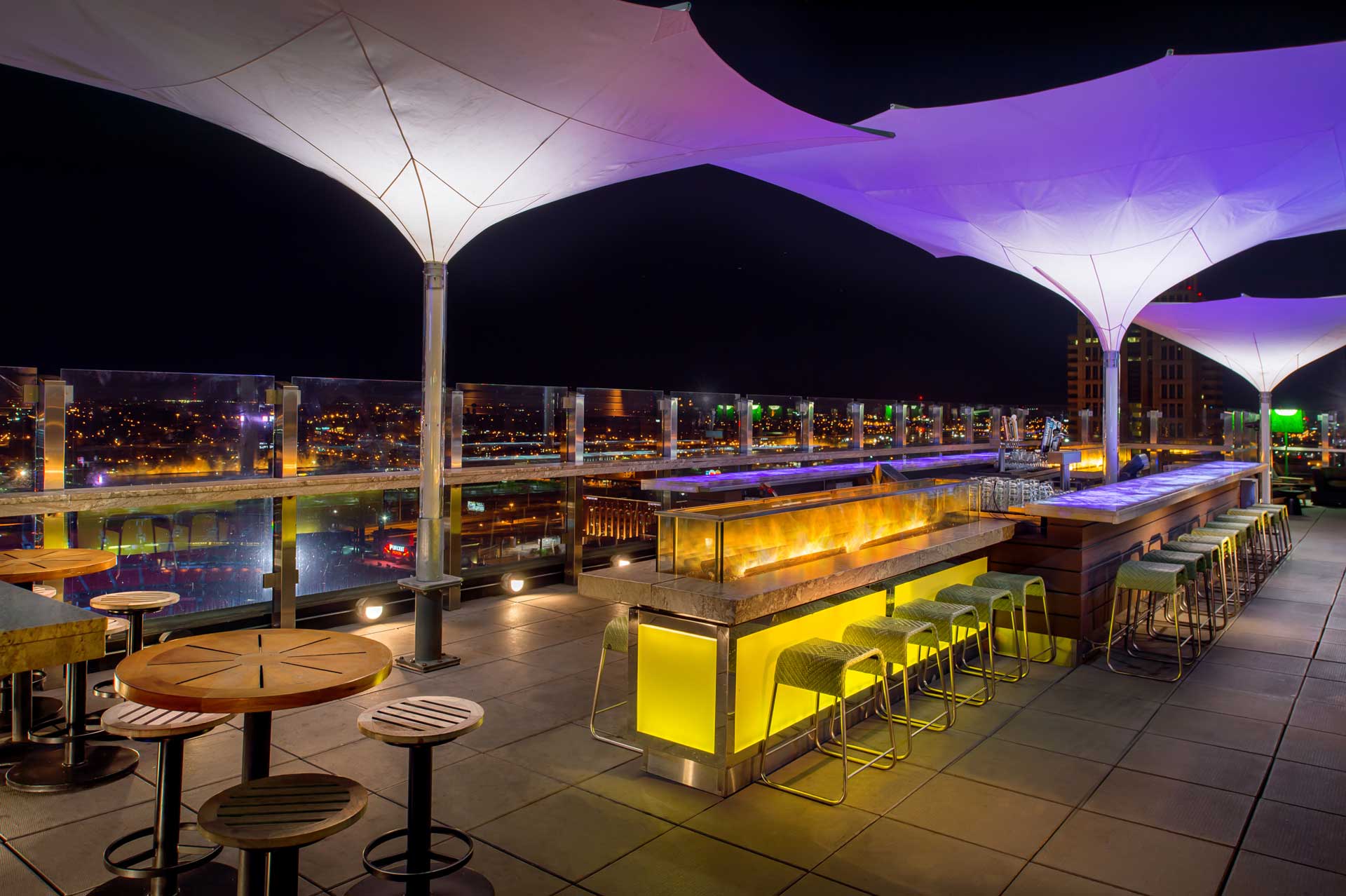 360 Downtown view at night with lighted bar