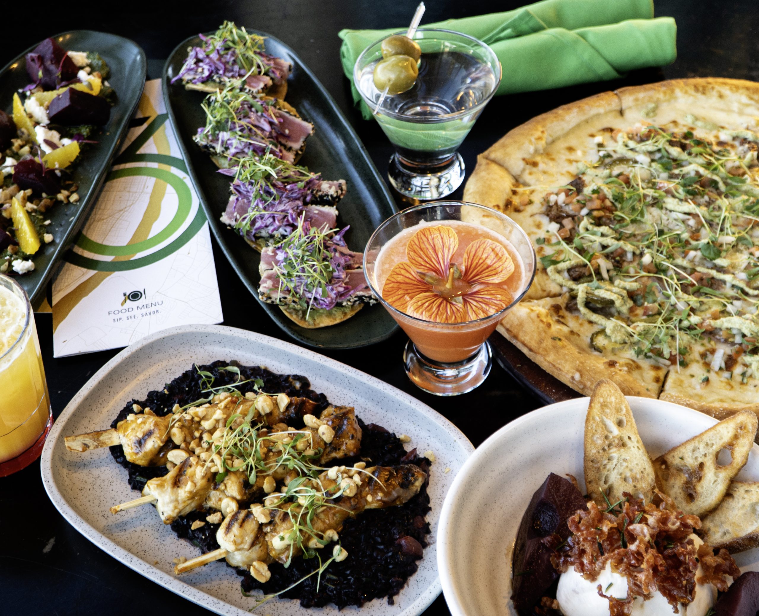 360 westport food with pizza and chicken kabobs